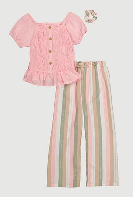 Girls Puff Sleeve Peasant Top and Striped Pants with Scrunchie, Multi, Size 7-8