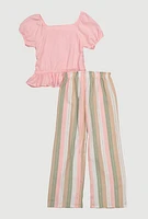 Girls Puff Sleeve Peasant Top and Striped Pants with Scrunchie, Multi,