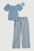 Girls Smocked Top and Striped Pants with Scrunchie, Blue, Size 7-8