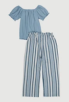 Girls Smocked Top and Striped Pants with Scrunchie, Blue, Size 10-12