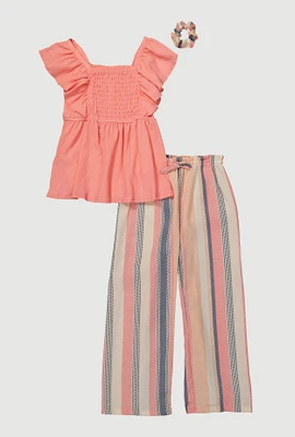 Girls Smocked Sleeveless Top and Striped Pants with Scrunchie, Multi, Size 10-12