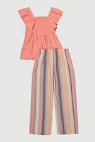 Girls Smocked Sleeveless Top and Striped Pants with Scrunchie, Multi, Size 10-12