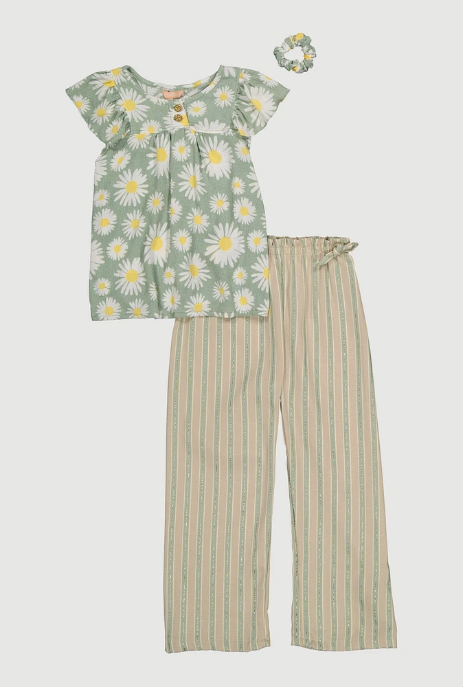 Girls Daisy Print Blouse and Striped Pants, Multi,