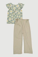 Girls Daisy Print Blouse and Striped Pants, Multi, Size 10-12