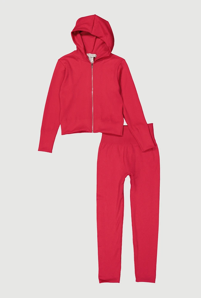 Girls Ribbed Knit Zip Front Hoodie and Leggings, Pink, Size 10-12