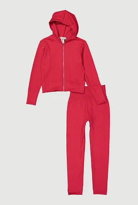 Girls Ribbed Knit Zip Front Hoodie and Leggings, Pink, Size 10-12