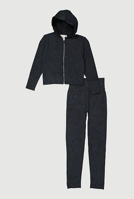 Girls Seamless Rib Knit Mineral Wash Zip Front Hoodie and Leggings, Black, Size 7-8