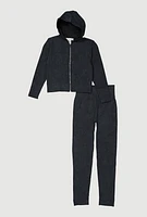 Girls Seamless Rib Knit Mineral Wash Zip Front Hoodie and Leggings, Black, Size 10-12