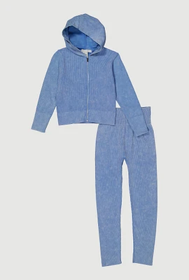 Girls Seamless Rib Knit Mineral Wash Zip Front Hoodie and Leggings, Blue, Size 7-8