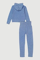 Girls Seamless Rib Knit Mineral Wash Zip Front Hoodie and Leggings, Blue, Size 7-8