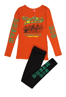 Girls New York Skyline Tee and Leggings, Orange, Size 10-12