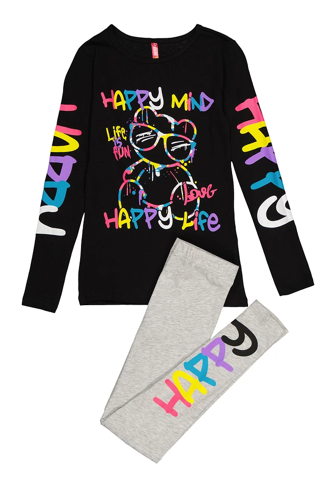 Girls Happy Mind Happy Life Tee and Leggings, Black, Size 7-8