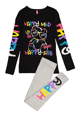 Girls Happy Mind Happy Life Tee and Leggings, Black, Size 7-8