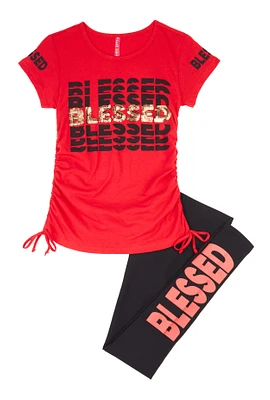 Girls Blessed Sequin Graphic Tee and Leggings, Red, Size 10-12