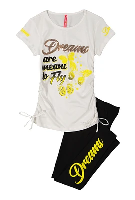 Girls Sequin Butterfly Dreams Graphic Top and Leggings, White, Size 7-8