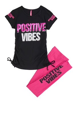 Girls Sequin Positive Vibes Graphic Top and Leggings, Black, Size 10-12