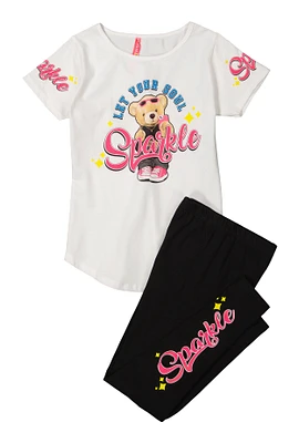 Girls Sparkle Teddy Bear Graphic Tee and Leggings,