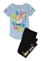 Girls Self Love Bear Tee and Leggings, Blue, Size 10-12