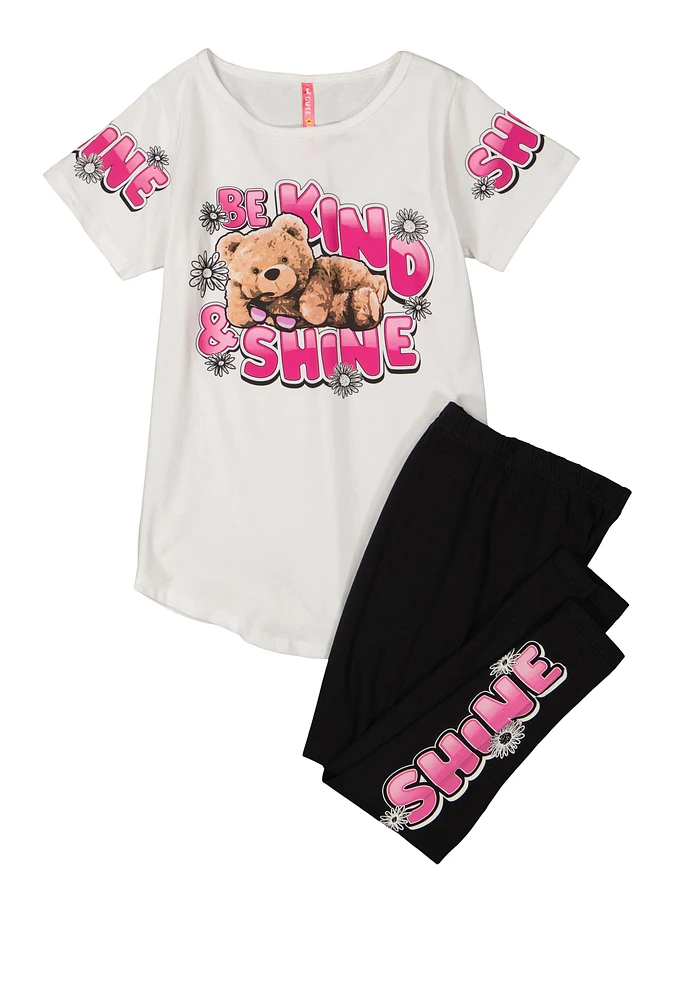 Girls Be Kind and Shine Graphic Tee and Leggings, White, Size 14-16