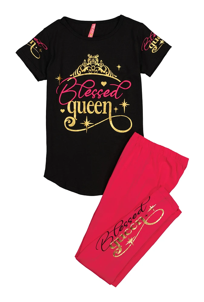 Girls Blessed Queen Graphic Tee and Leggings, Multi, Size 7-8