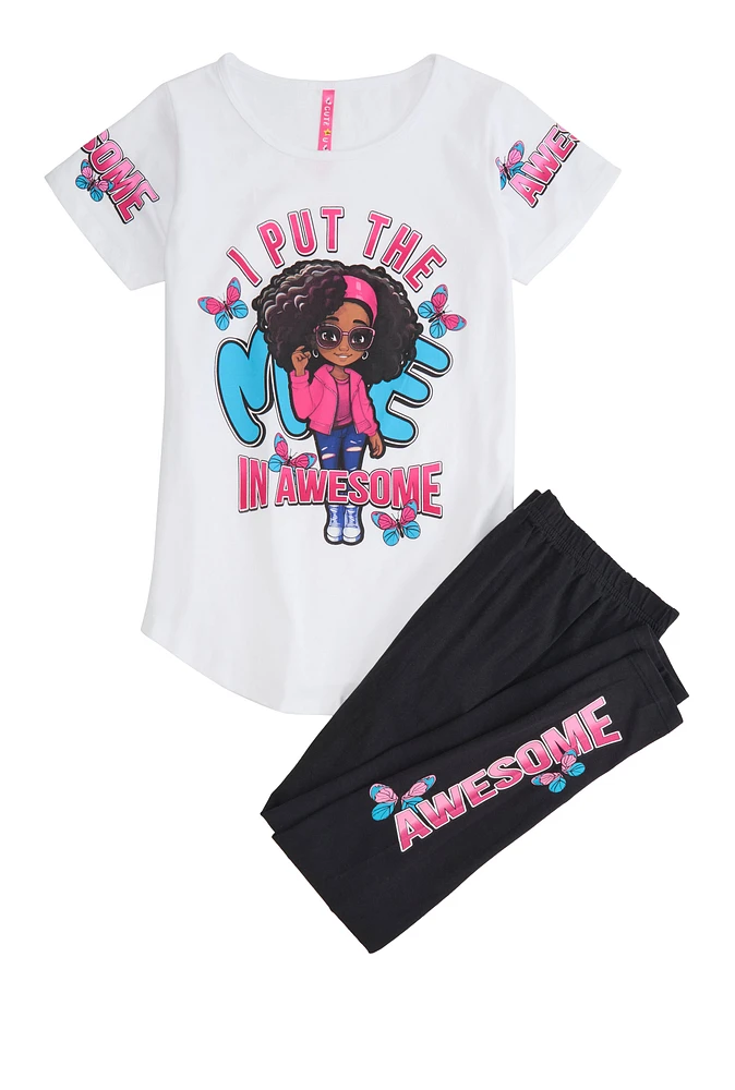 Girls I Put The Me In Awesome Tee with Leggings, White, Size 10-12