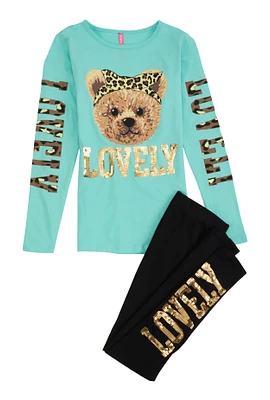 Girls Lovely Bear Sequin Graphic Tee and Leggings, Blue, Size 10-12