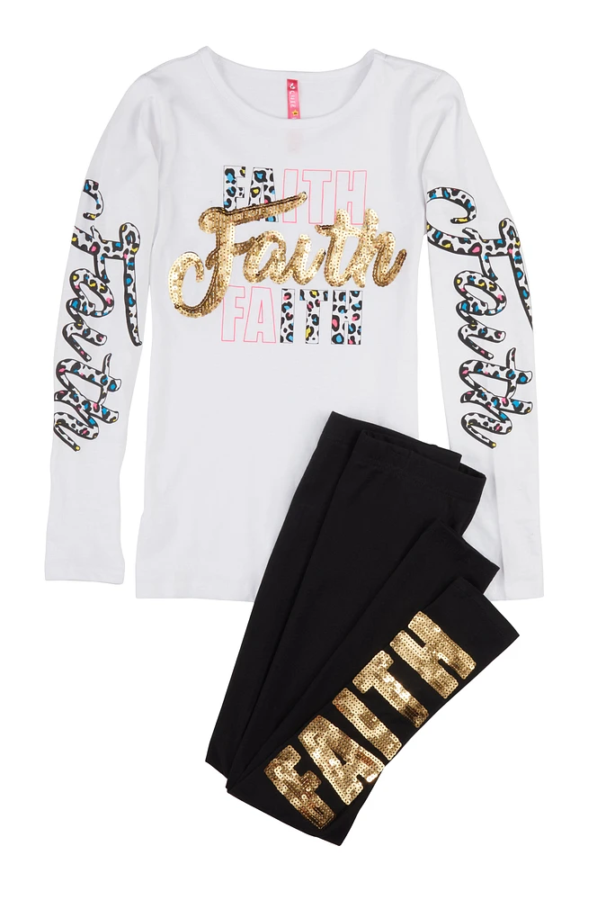 Girls Faith Sequin Graphic Long Sleeve Top and Leggings, White, Size 10-12