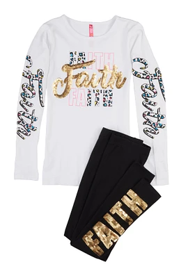 Girls Faith Sequin Graphic Long Sleeve Top and Leggings, White, Size 10-12