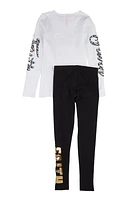 Girls Faith Sequin Graphic Long Sleeve Top and Leggings, White, Size 10-12