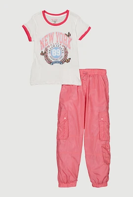 Girls New York Glitter Graphic Top and Nylon Joggers, Pink, Size 10-12