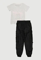 Girls Glitter NYC Teddy Bear Graphic Top and Cargo Joggers, Multi, Size 10-12