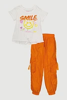 Girls Glitter Smiley Tie Front Top and Cargo Joggers, Orange,