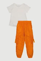 Girls Glitter Smiley Tie Front Top and Cargo Joggers, Orange,