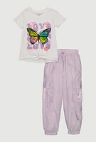 Girls Butterfly Love Graphic Tee and Cargo Joggers, Purple, Size 14-16