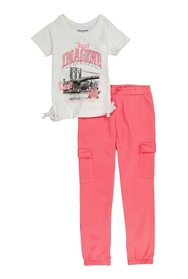 Girls Just Imagine Graphic Tee and Cargo Sweatpants, Pink, Size 14-16