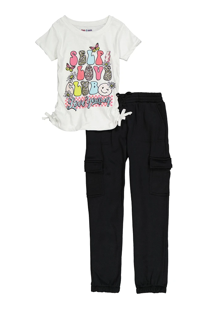 Girls Self Love Club Tee and Cargo Sweatpants, Multi, Size 10-12