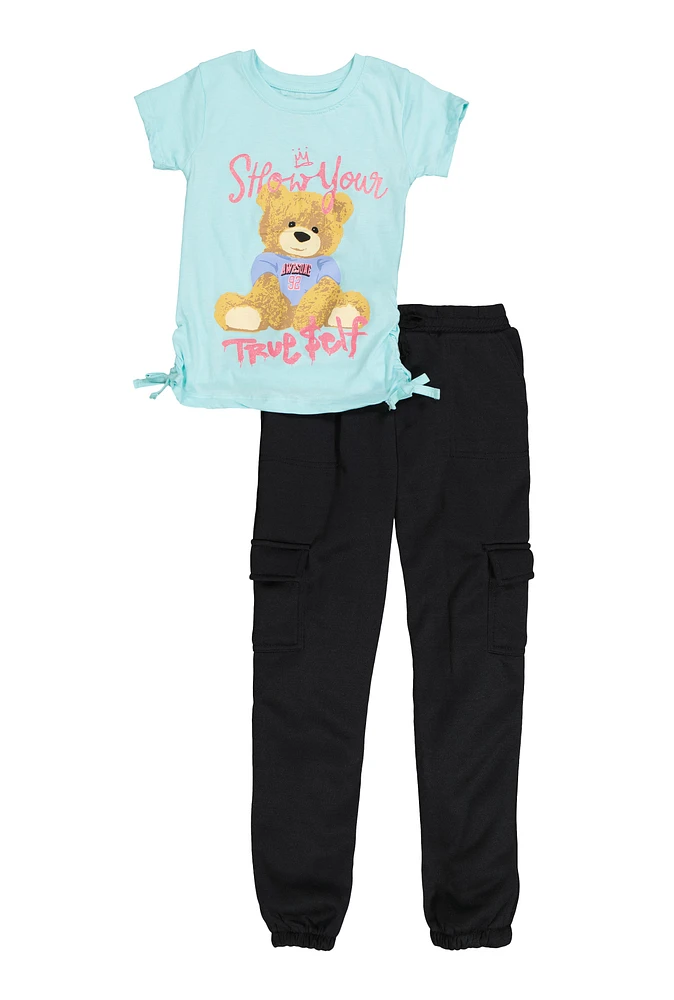 Girls True Self Bear Graphic Tee and Cargo Sweatpants, Blue, Size 10-12