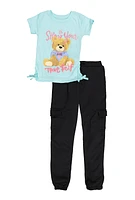 Girls True Self Bear Graphic Tee and Cargo Sweatpants, Blue, Size 10-12