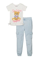 Girls True Self Bear Graphic Tee and Cargo Sweatpants, Blue, Size 7-8