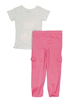 Girls True Self Bear Graphic Tee and Cargo Sweatpants, Pink, Size 7-8