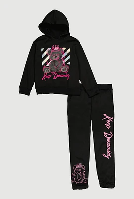 Girls Keep Dreaming Bear Graphic Sweatshirt and Sweatpants, Black, Size 10-12