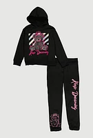 Girls Keep Dreaming Bear Graphic Sweatshirt and Sweatpants, Black, Size 10-12