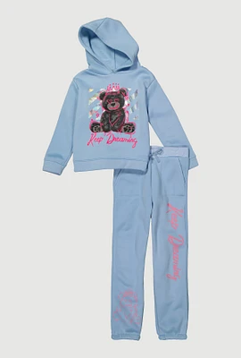 Girls Keep Dreaming Bear Graphic Sweatshirt and Sweatpants, Blue, Size 7-8