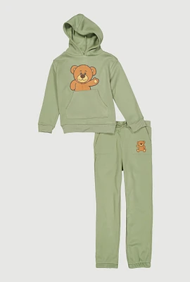 Girls Bear Hoodie and Sweatpants, Green, Size 10-12