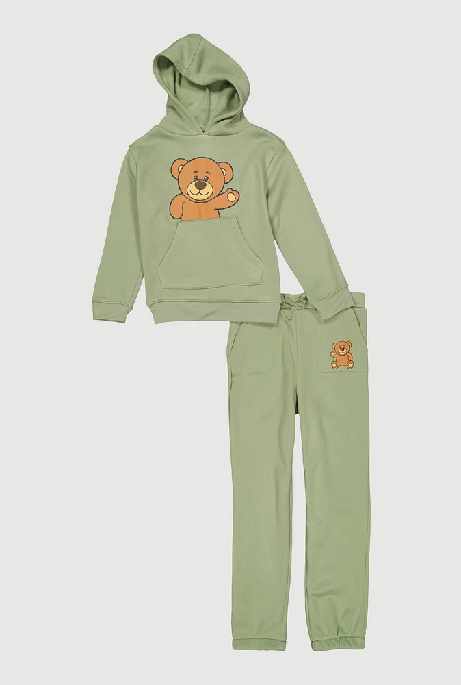 Girls Bear Hoodie and Sweatpants, Green, Size 7-8