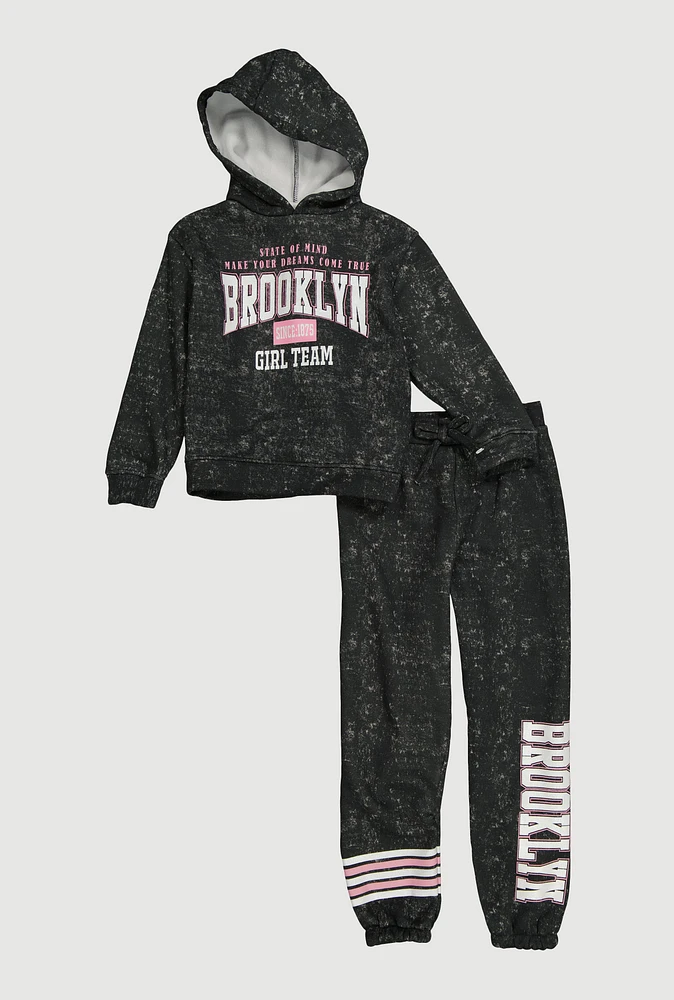 Girls Brooklyn Graphic Hoodie and Sweatpants, Black, Size 7-8