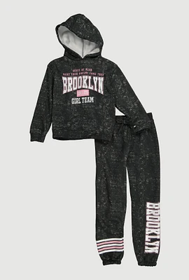 Girls Brooklyn Graphic Hoodie and Sweatpants, Black, Size 7-8