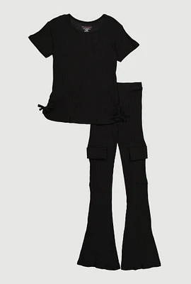 Girls Ribbed Knit Ruched Side Top and Cargo Flared Pants, Black, Size 10-12
