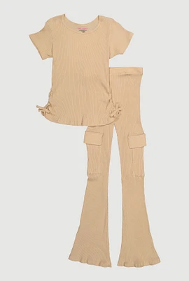 Girls Ribbed Knit Ruched Side Top and Cargo Flared Pants, Beige, Size 7-8