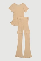 Girls Ribbed Knit Ruched Side Top and Cargo Flared Pants, Beige, Size 7-8